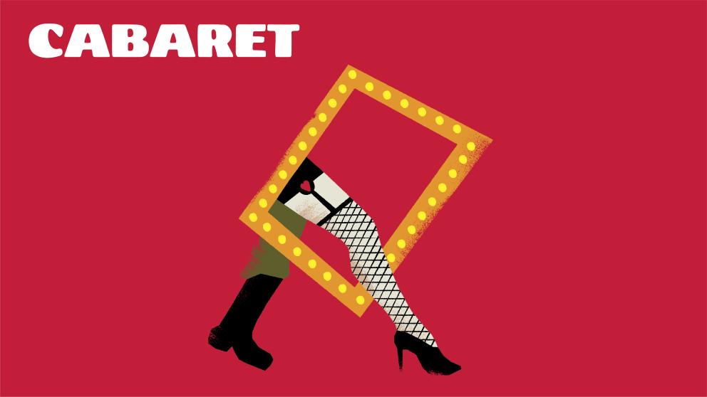 illustration of a pair of legs walking through a lighted mirror frame. One leg is dressed in fishnets and a stiletto, and the other leg combat boots and pants. Words Cabaret are in the corner.